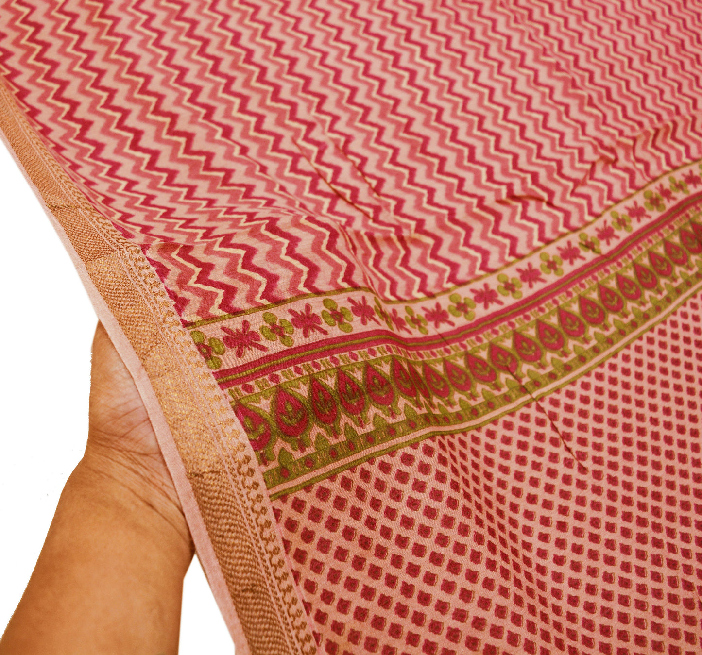 Indian Vintage Peach Dupatta Long Stole Hand Block Print Pure Chanderi Silk Indian Scarves Veil Golden Zari