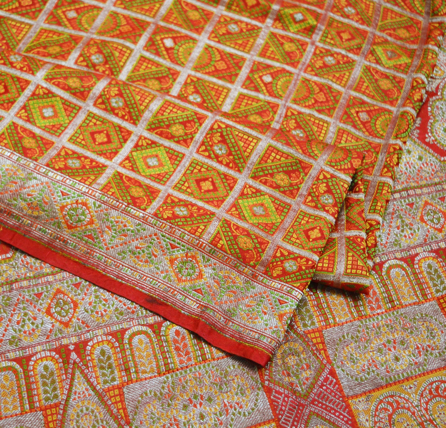 Indian Vintage Red Saree Pure Silk Hand Woven Gharchola Indian Sari Fabric 5Yd Sewing Soft Golden Zari