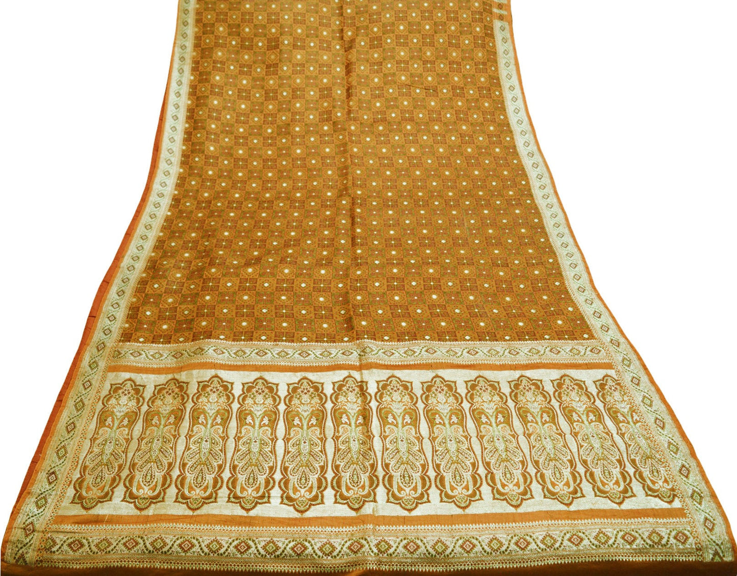 Indian Vintage Sari Saffron Heavy Wedding Pure Satin Silk Woven Banarasi Brocade Saree Golden Zari 5Yd