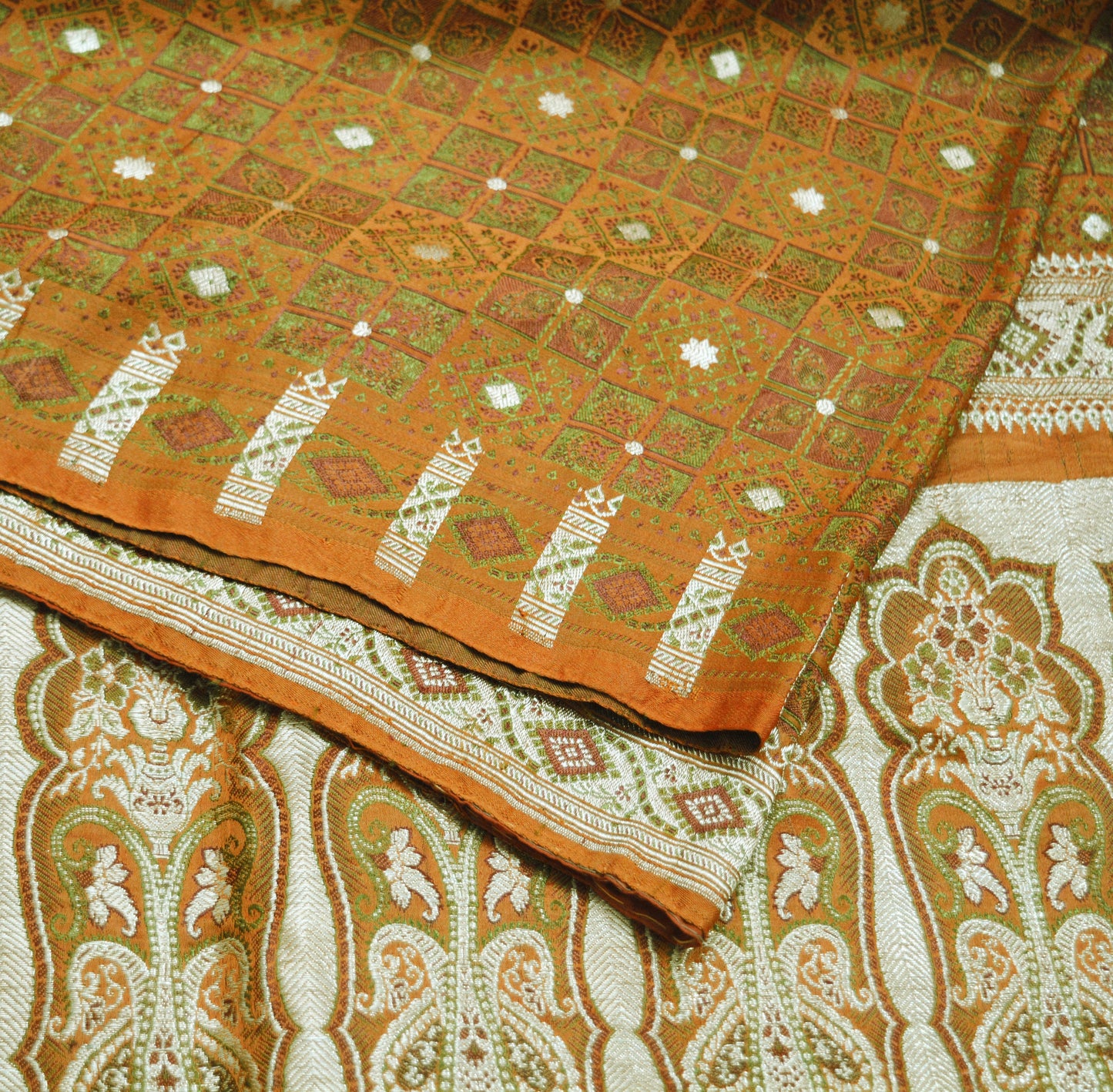 Indian Vintage Sari Saffron Heavy Wedding Pure Satin Silk Woven Banarasi Brocade Saree Golden Zari 5Yd