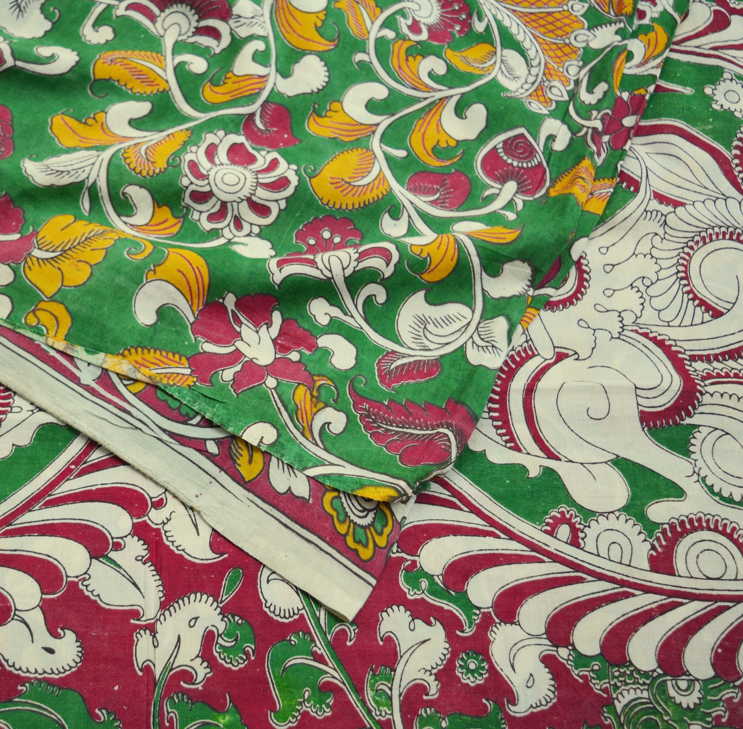Indian Vintage Sari Kalamkari Printed Pure Cotton Saree Fabric Soft Floral 5Yd Sarong Wrap Fabric Peacock