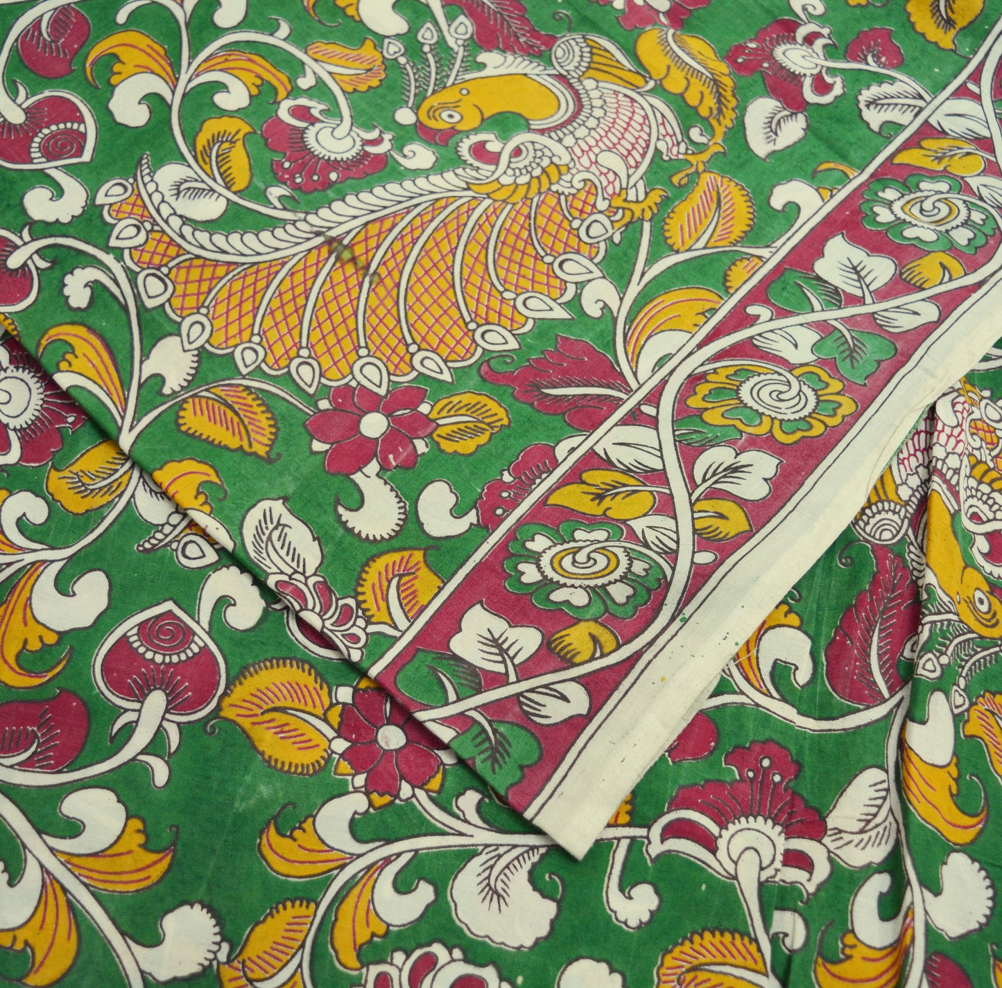 Indian Vintage Sari Kalamkari Printed Pure Cotton Saree Fabric Soft Floral 5Yd Sarong Wrap Fabric Peacock