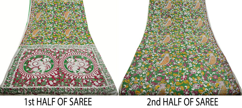 Indian Vintage Sari Kalamkari Printed Pure Cotton Saree Fabric Soft Floral 5Yd Sarong Wrap Fabric Peacock