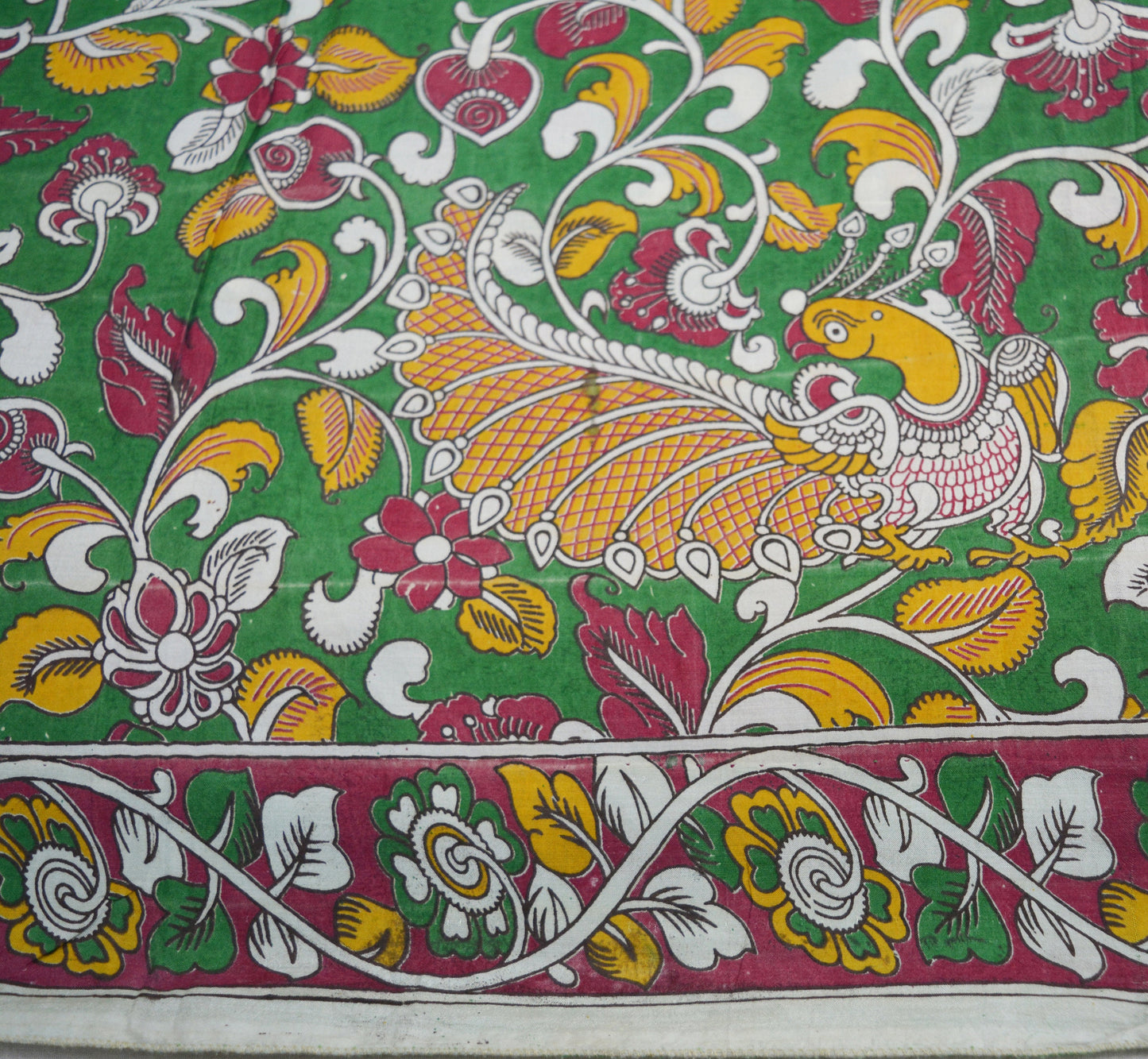 Indian Vintage Sari Kalamkari Printed Pure Cotton Saree Fabric Soft Floral 5Yd Sarong Wrap Fabric Peacock