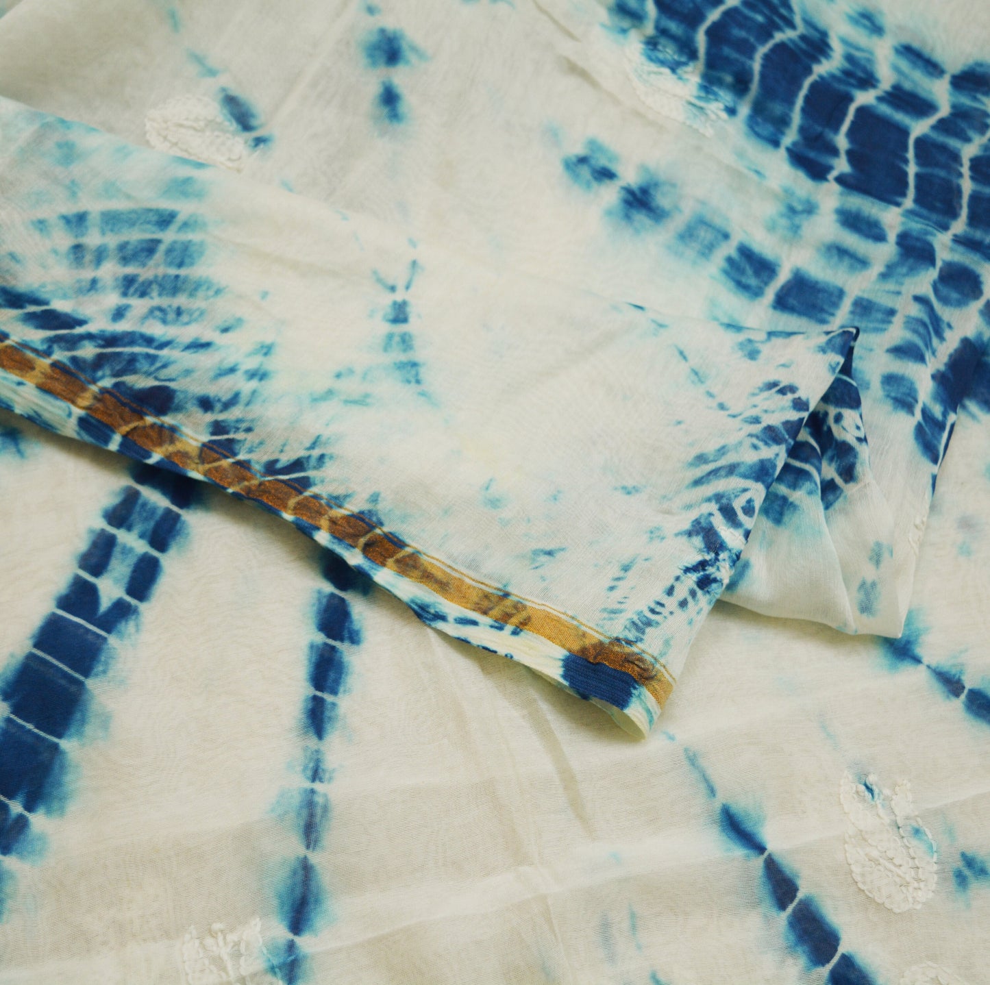 Indian Vintage White Dupatta Long Stole Pure Chanderi silk Tie dye Handmade Chikankari Indian Scarves Veil Scarf Wrap Zari