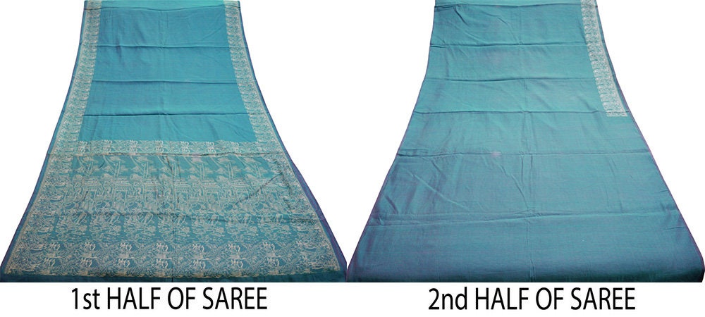 Vintage Blue Saree Pure Cotton Hand Woven Indian Sari 5Yard Soft Floral Ethnic Humans