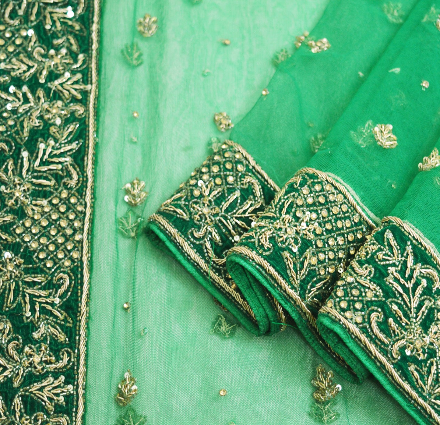 Indian Vintage Heavy Green Dupatta Net Mesh Long Stole Hand Embroidered Scarf Golden Zardozi Zari Sequins Stole