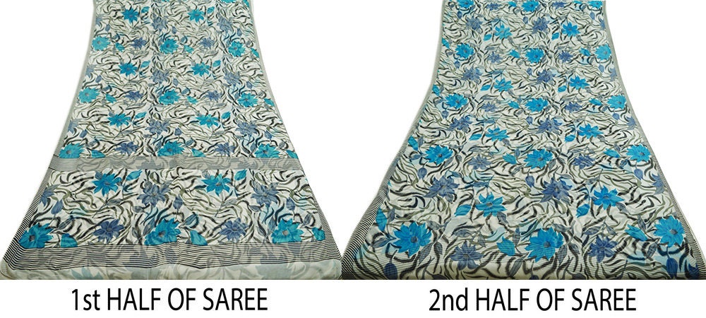 Indian Women Vintage Sari White 100% Pure Georgette Silk Printed Saree Sewing 5yard Soft Craft Square Design