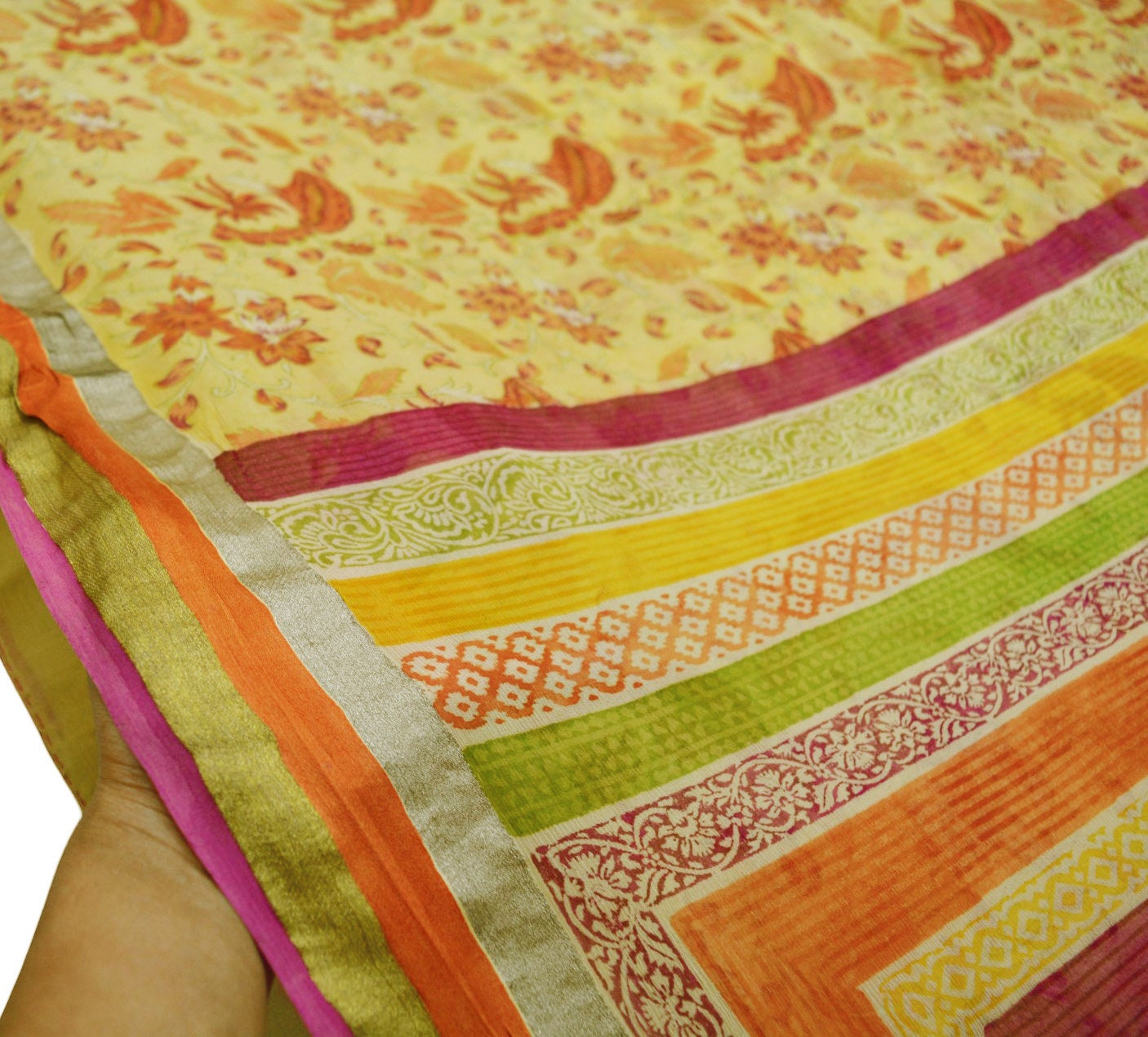 Women Vintage Sari Yellow Pure Chiffon Silk Printed Saree Craft Fabric Sewing 6Yard Soft Light Sari Dress Making Zari