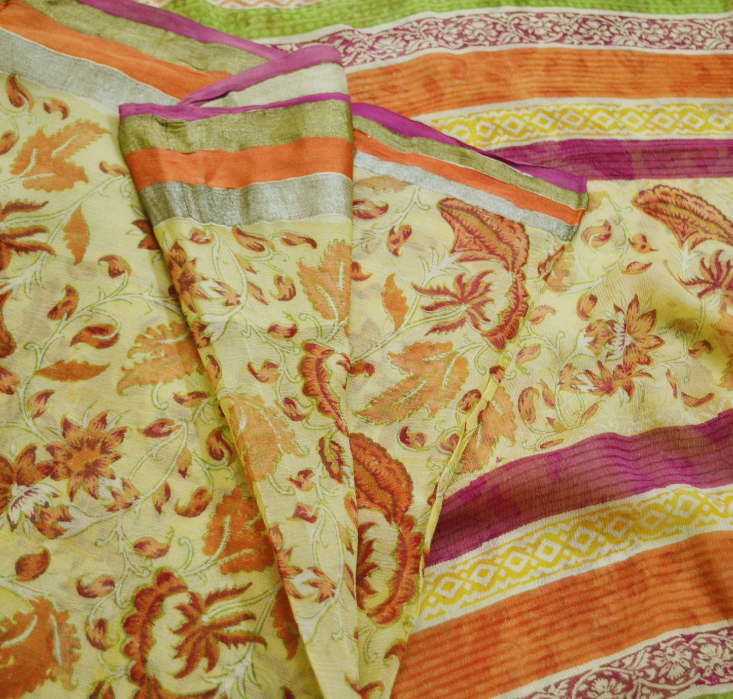 Women Vintage Sari Yellow Pure Chiffon Silk Printed Saree Craft Fabric Sewing 6Yard Soft Light Sari Dress Making Zari