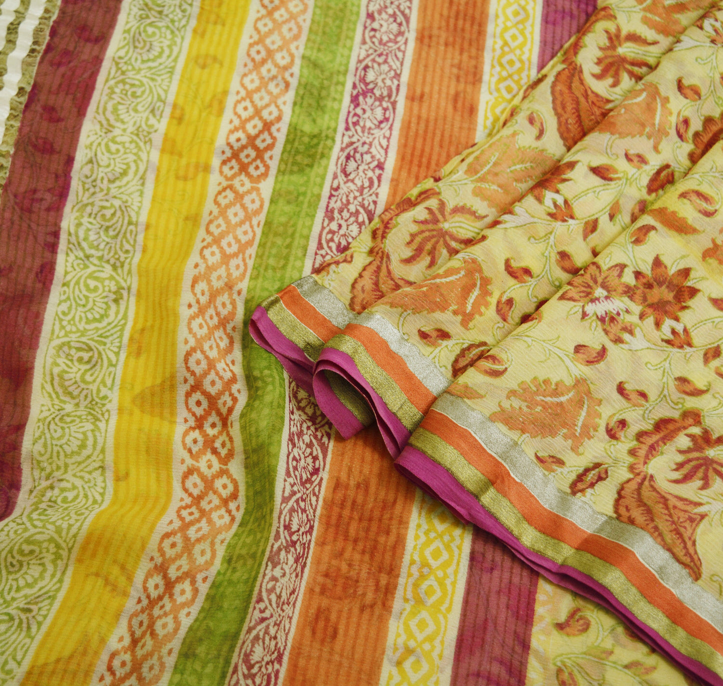 Women Vintage Sari Yellow Pure Chiffon Silk Printed Saree Craft Fabric Sewing 6Yard Soft Light Sari Dress Making Zari