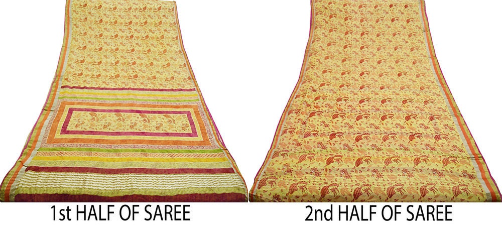 Women Vintage Sari Yellow Pure Chiffon Silk Printed Saree Craft Fabric Sewing 6Yard Soft Light Sari Dress Making Zari
