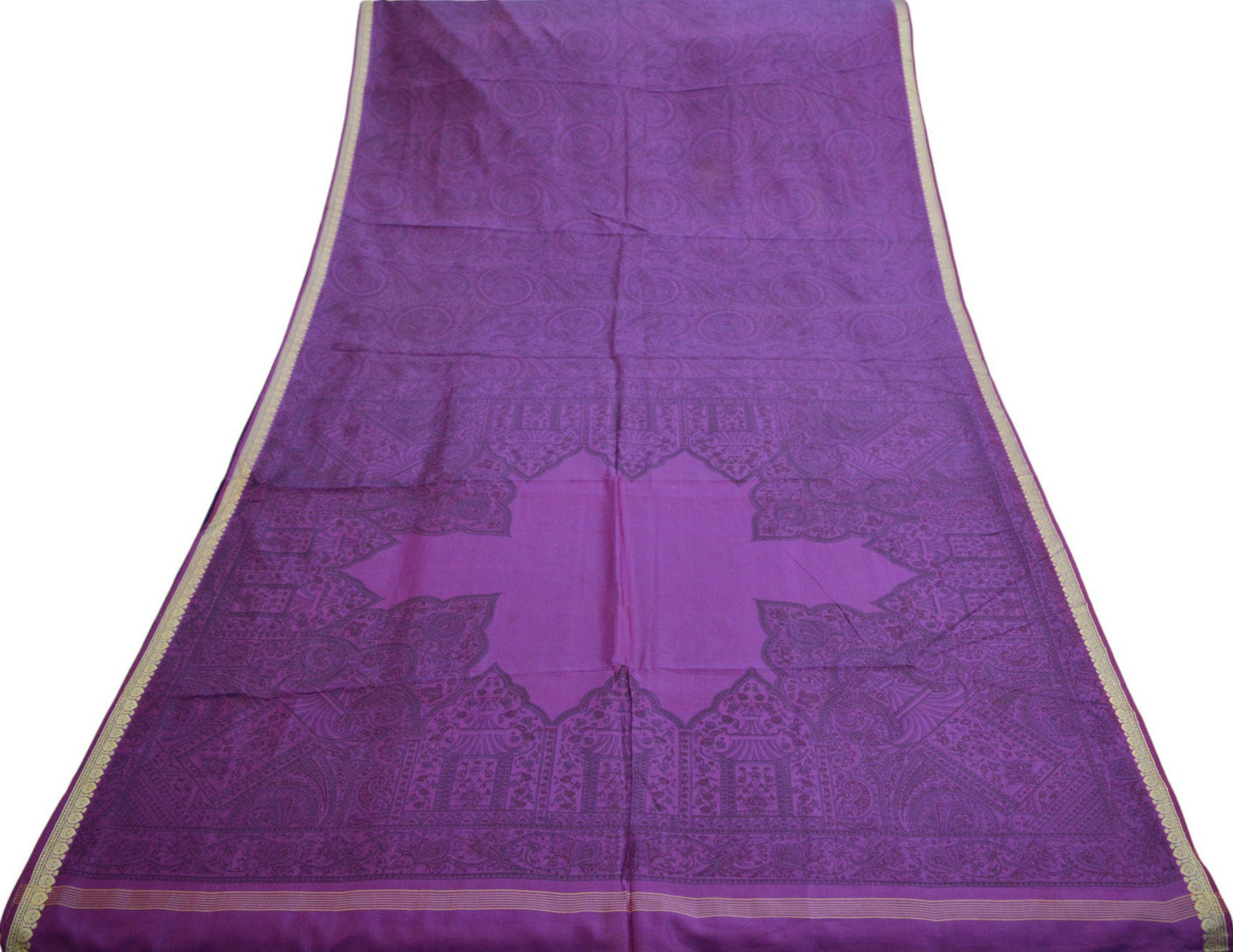 Indian Vintage Sari Purple Pure Silk Woven Printed Saree Craft Fabric 5yd Sewing DressMaking Soft Woven Border