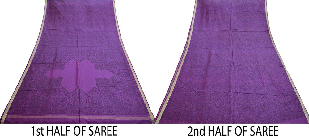 Indian Vintage Sari Purple Pure Silk Woven Printed Saree Craft Fabric 5yd Sewing DressMaking Soft Woven Border