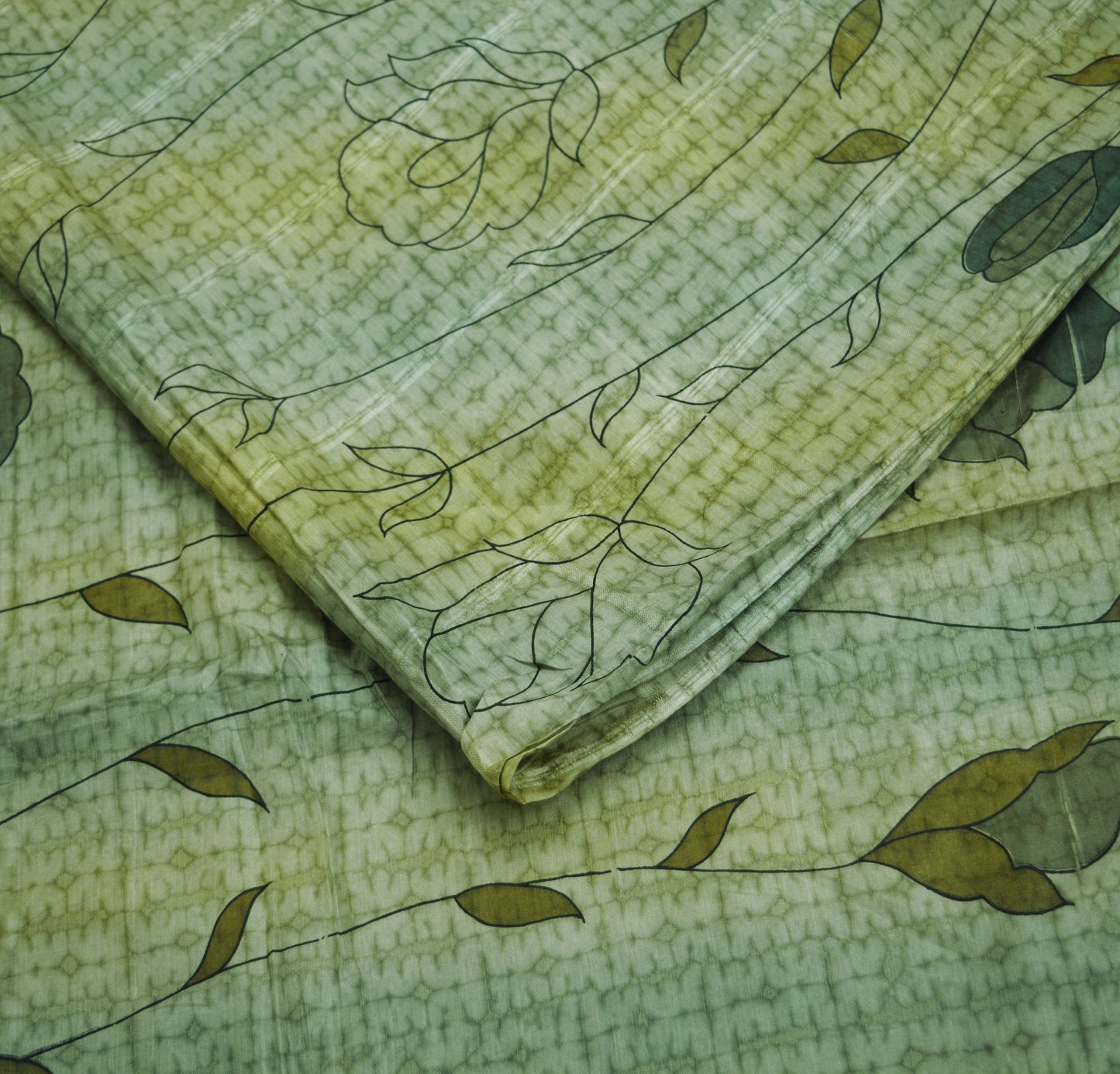 Indian Vintage Sari Green Pure Silk Printed Saree Fabric 6yd Sewing Craft DressMaking Soft Floral Design