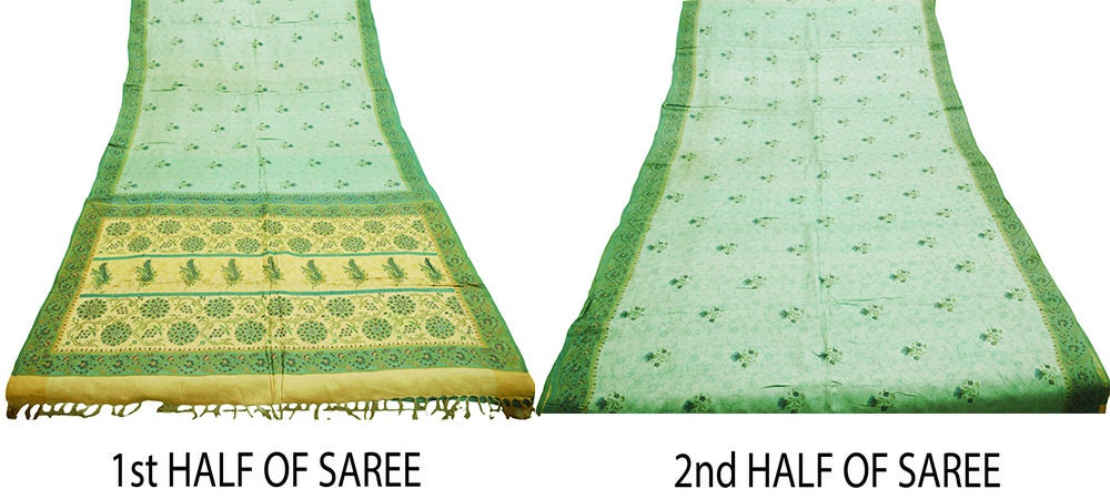 Vintage Green Heavy Saree Pure Woolen Woven Printed Indian Sari Soft Warm Fabric 5Yard Zigzag Woven Border Fringes