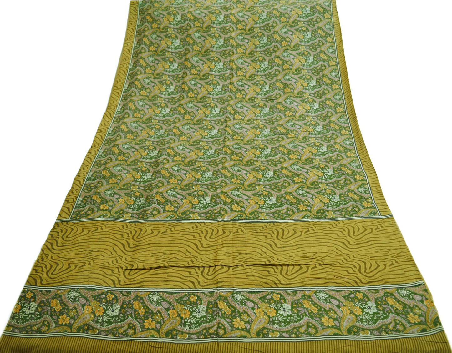 Indian Vintage Sari Green Pure Silk Printed Saree Fabric 5yd Sewing Craft DressMaking Soft Paisley Design