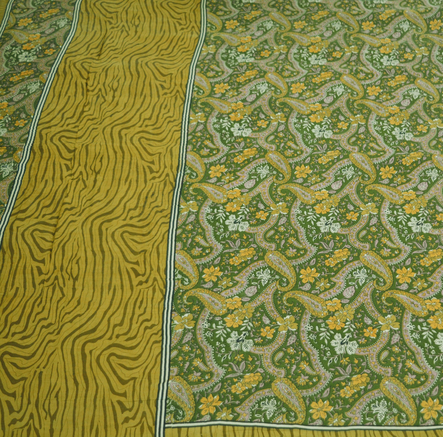 Indian Vintage Sari Green Pure Silk Printed Saree Fabric 5yd Sewing Craft DressMaking Soft Paisley Design