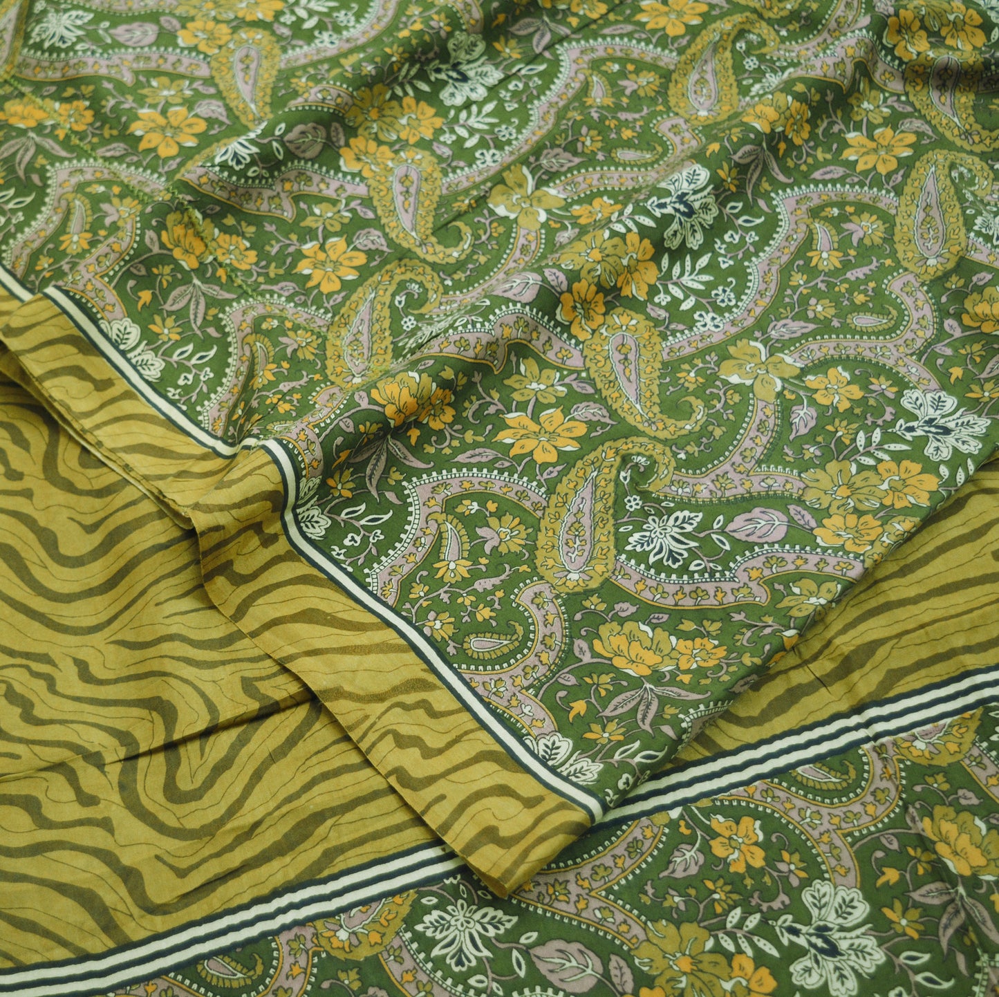Indian Vintage Sari Green Pure Silk Printed Saree Fabric 5yd Sewing Craft DressMaking Soft Paisley Design