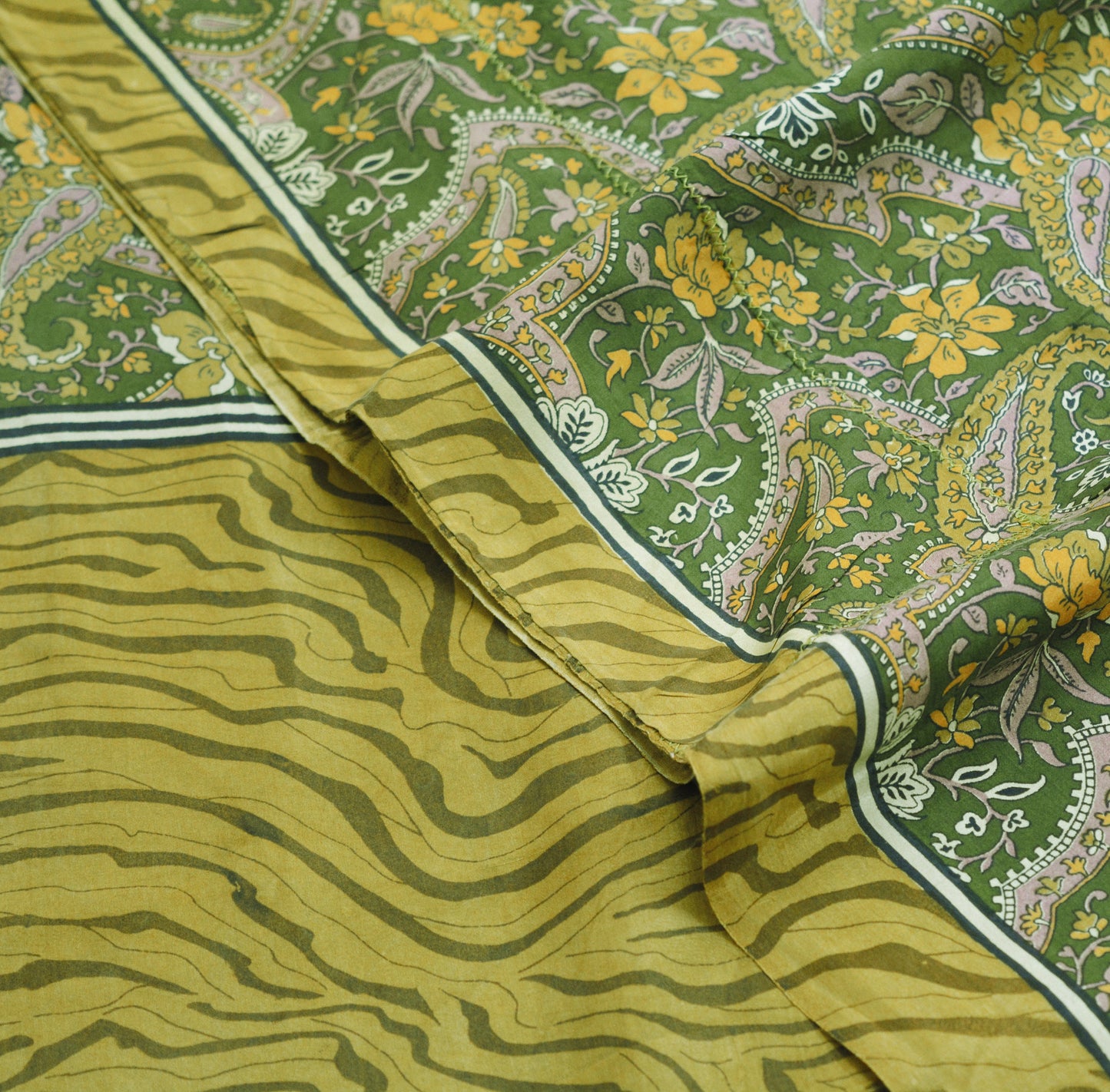 Indian Vintage Sari Green Pure Silk Printed Saree Fabric 5yd Sewing Craft DressMaking Soft Paisley Design