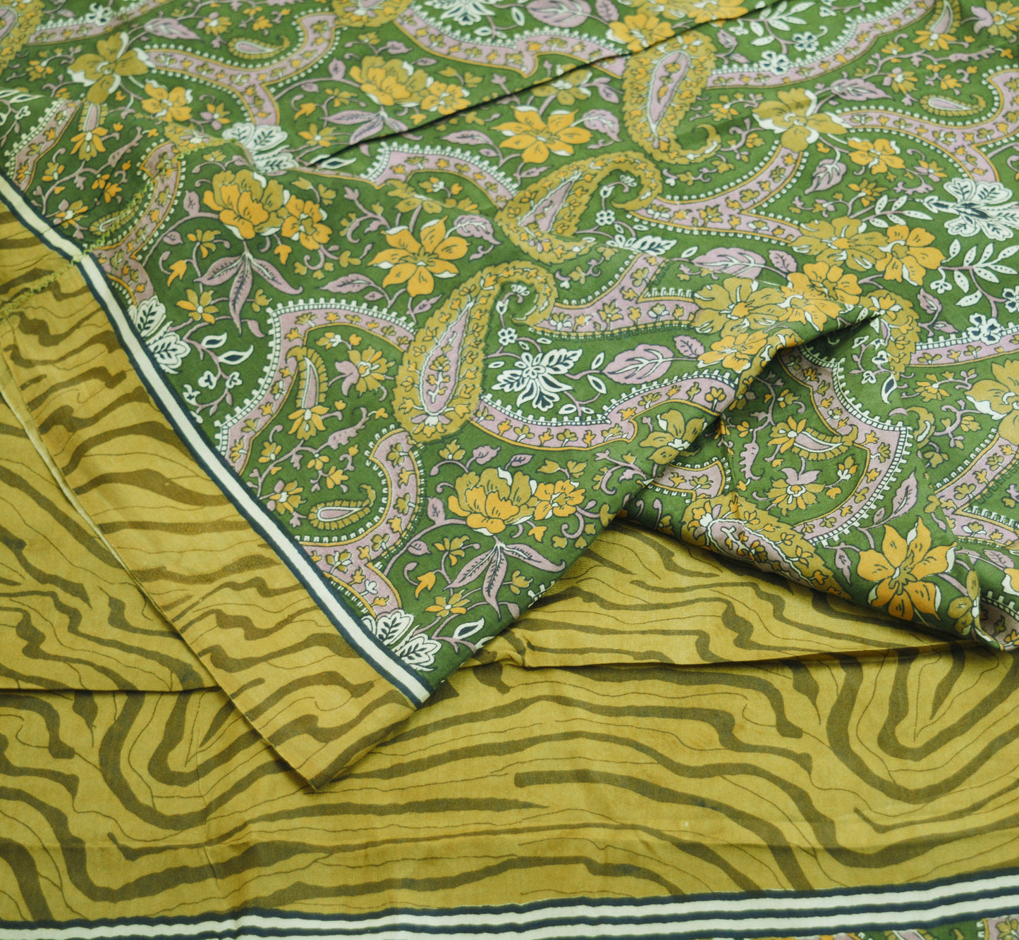 Indian Vintage Sari Green Pure Silk Printed Saree Fabric 5yd Sewing Craft DressMaking Soft Paisley Design