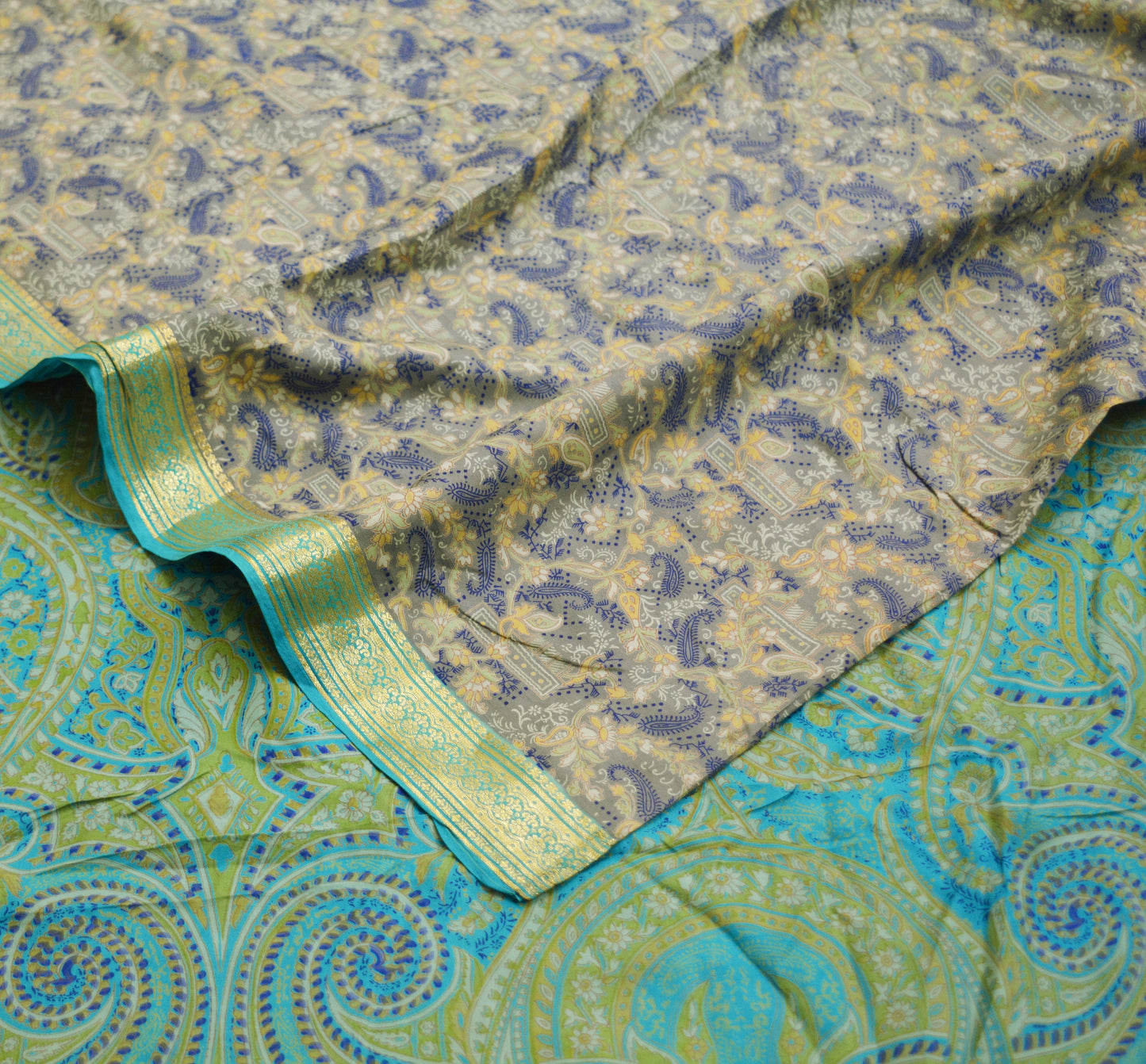 Indian Vintage Sari Blue & Gray Pure Silk Printed Saree Fabric 5yard Sewing Craft Fabric DressMaking Soft Wrap Zari