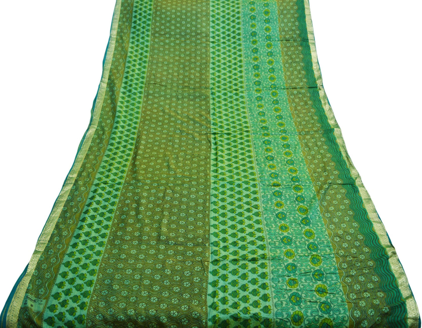 Indian Vintage Sari Green Pure Silk Printed Saree 5yard Sewing Craft Fabric DressMaking Soft Golden Zari