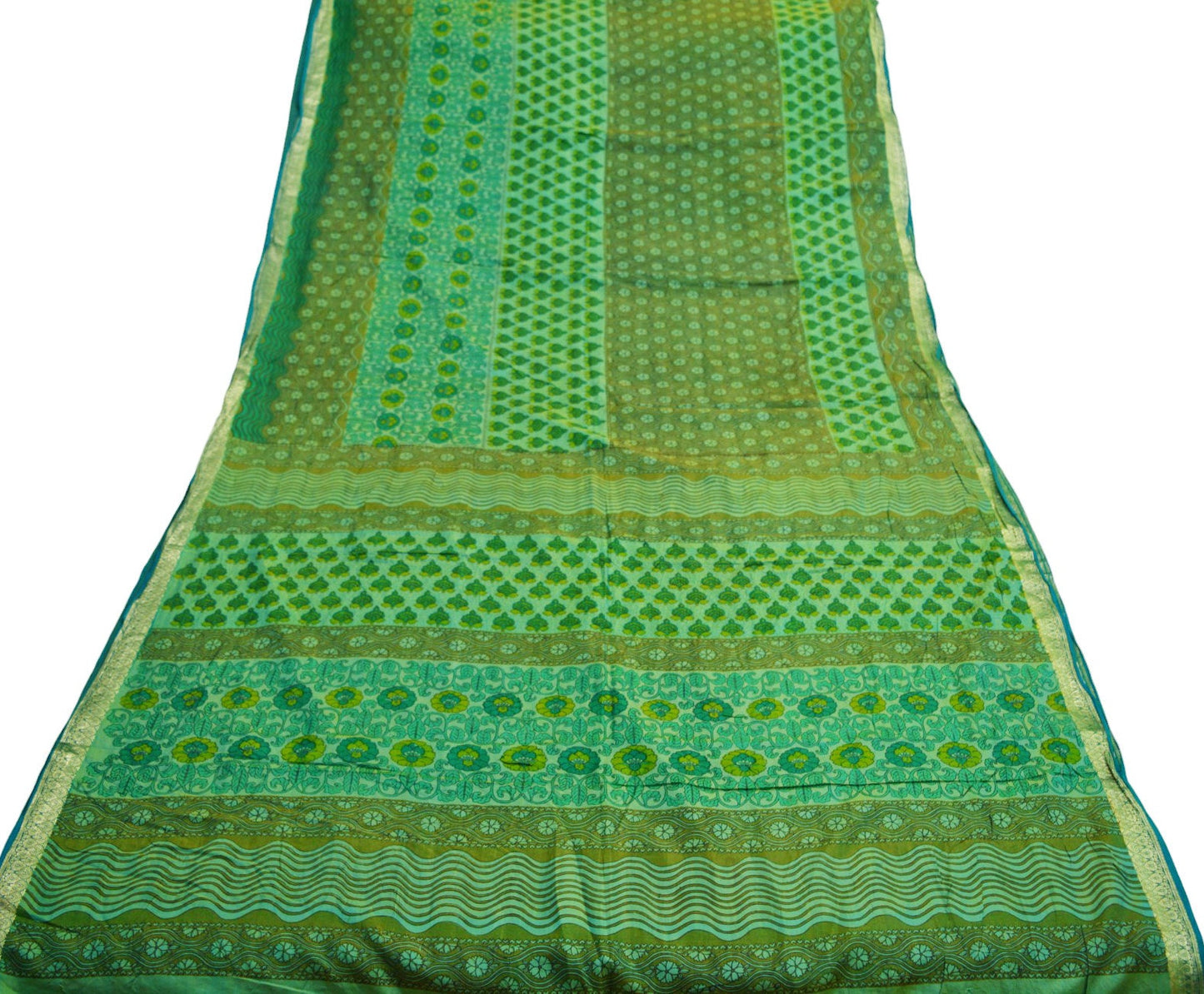 Indian Vintage Sari Green Pure Silk Printed Saree 5yard Sewing Craft Fabric DressMaking Soft Golden Zari
