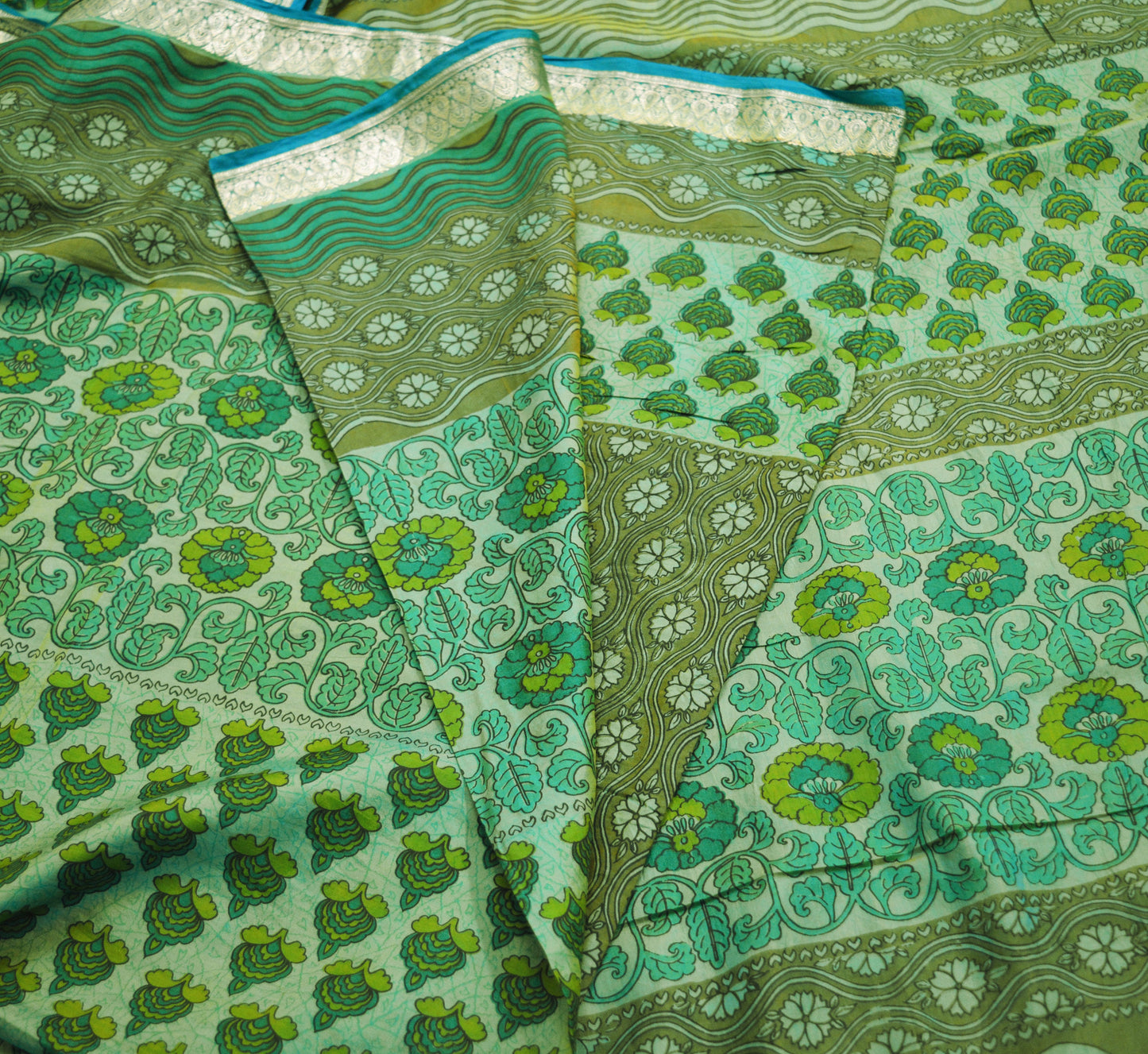 Indian Vintage Sari Green Pure Silk Printed Saree 5yard Sewing Craft Fabric DressMaking Soft Golden Zari