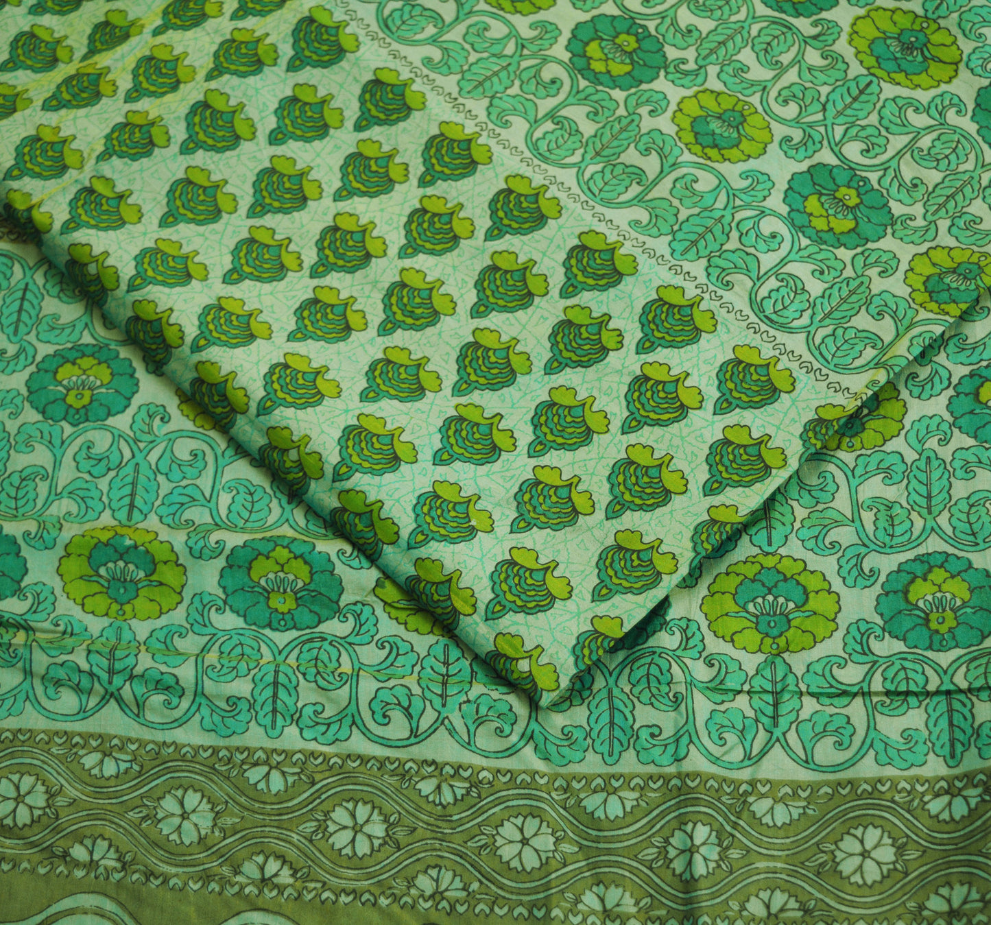 Indian Vintage Sari Green Pure Silk Printed Saree 5yard Sewing Craft Fabric DressMaking Soft Golden Zari