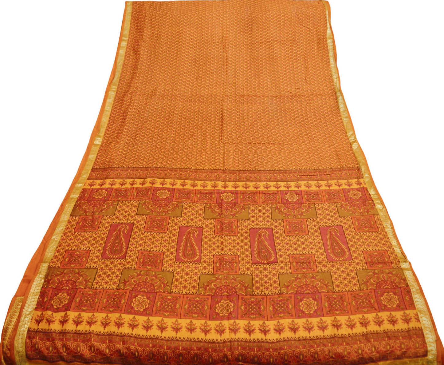 Indian Vintage Sari Orange 100% Pure Silk Printed Saree Fabric 5yard Sewing Craft Fabric DressMaking Soft Wrap Zari