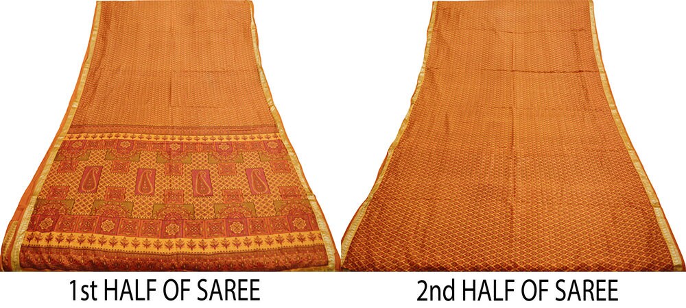 Indian Vintage Sari Orange 100% Pure Silk Printed Saree Fabric 5yard Sewing Craft Fabric DressMaking Soft Wrap Zari