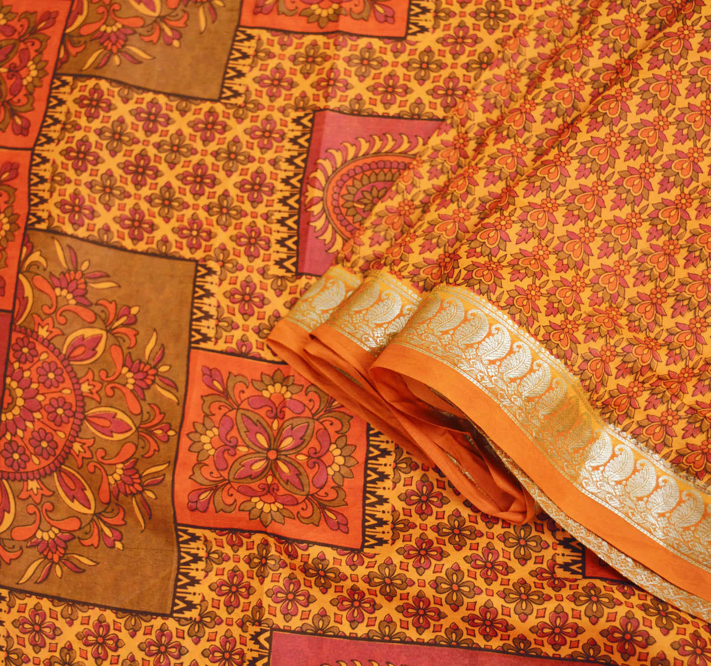 Indian Vintage Sari Orange 100% Pure Silk Printed Saree Fabric 5yard Sewing Craft Fabric DressMaking Soft Wrap Zari