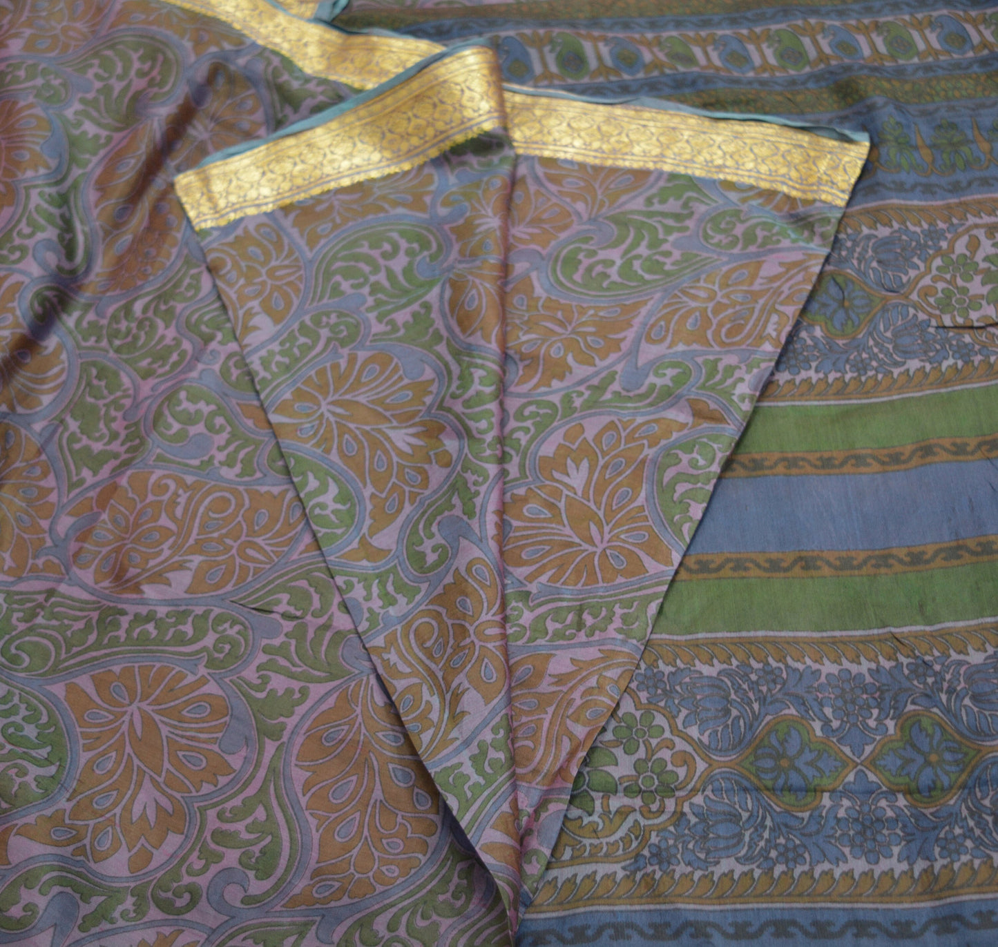Indian Vintage Sari Blue Pure Silk Printed Saree 5yard Sewing Craft Fabric Dress Making Soft Wrap Floral Zari