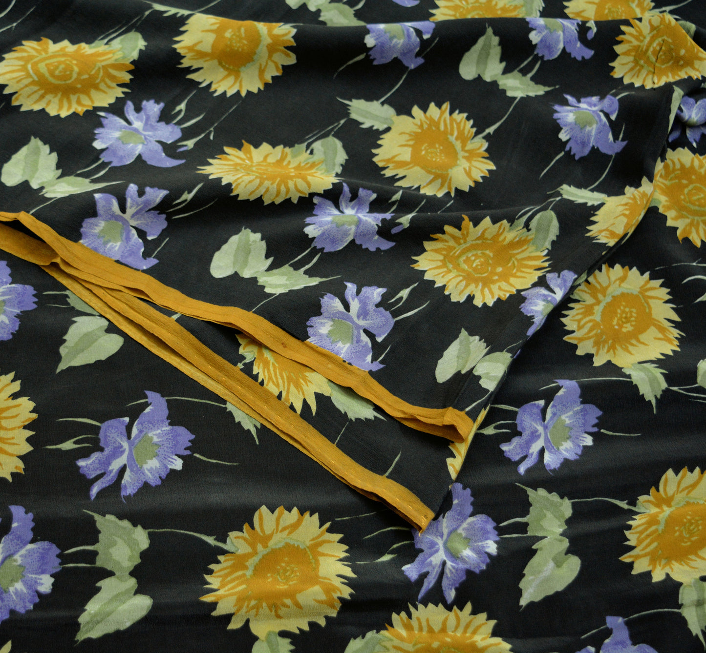 Indian Vintage Sari Black Pure Crepe Silk Printed Saree 5yard Sewing Floral Craft Fabric Wrap