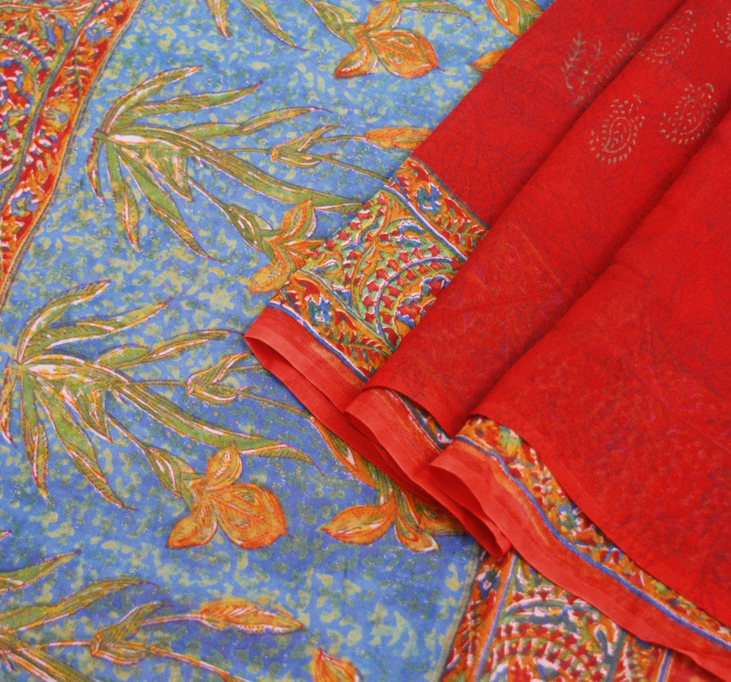 Women Vintage Sari Red 100% Pure Georgette Silk Block Printed Saree Craft Fabric Sewing 5Yard Soft Sari Dress Making