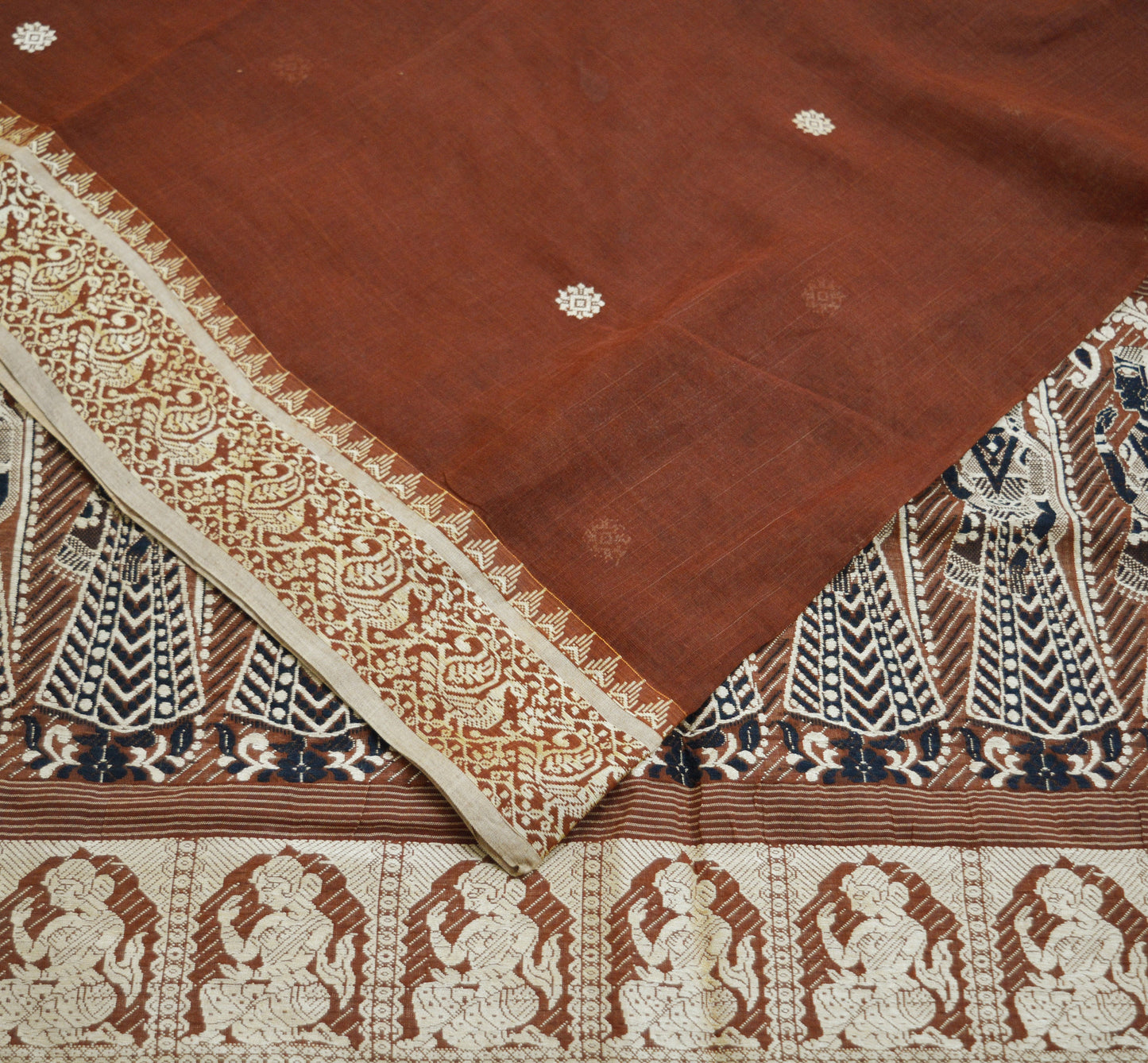 Indian Vintage Sari Brown Pure Cotton Hand Woven Baluchari Saree 5yard Ethnic Lady Design