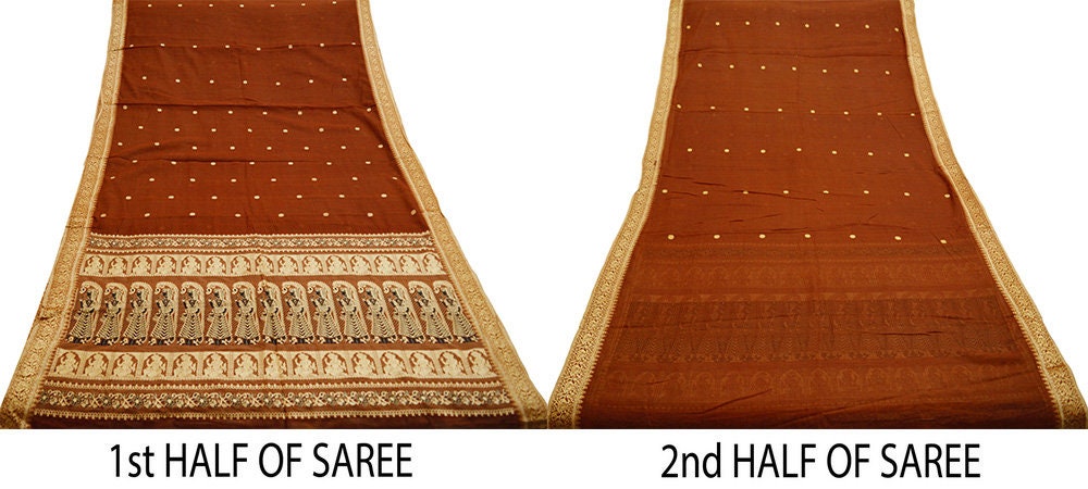 Indian Vintage Sari Brown Pure Cotton Hand Woven Baluchari Saree 5yard Ethnic Lady Design