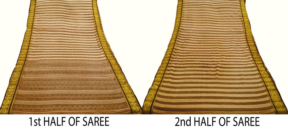 Vintage Sari Brown & Beige Pure Cotton Hand Woven Saree Golden Zari 5Yard Soft Floral Golden Zari