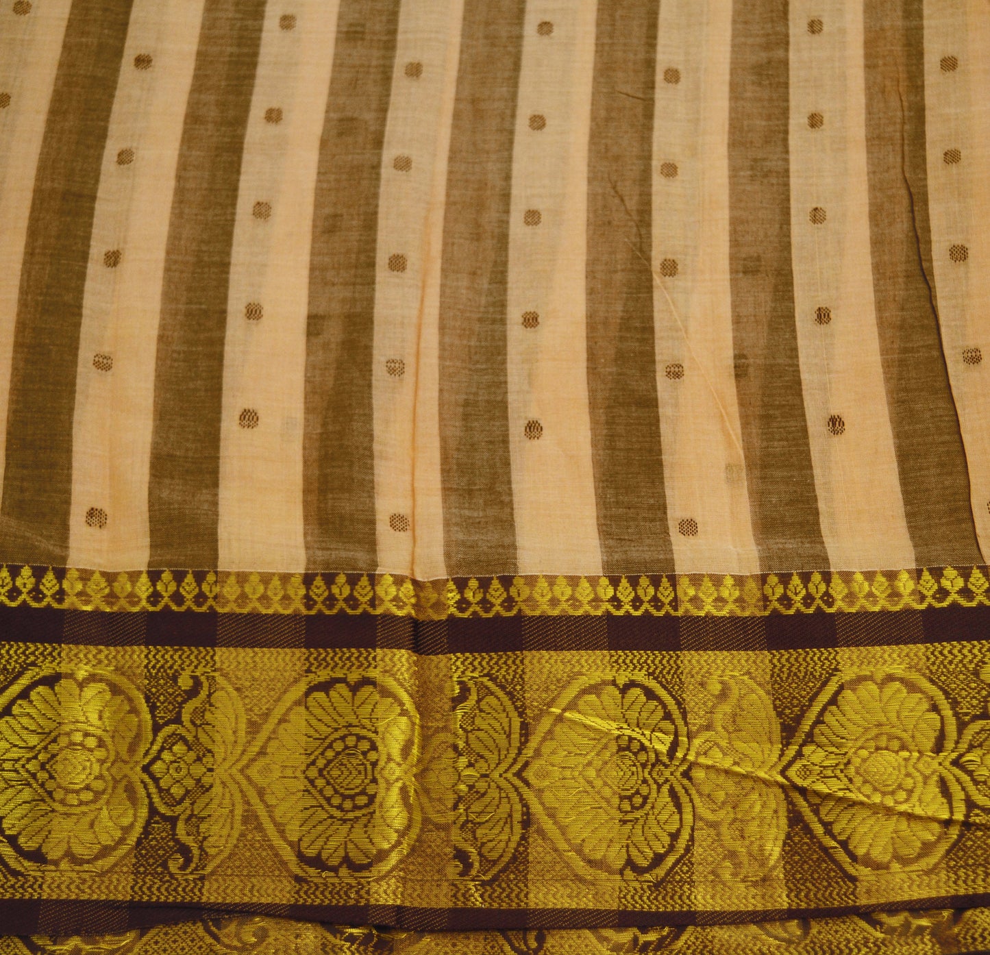 Vintage Sari Brown & Beige Pure Cotton Hand Woven Saree Golden Zari 5Yard Soft Floral Golden Zari