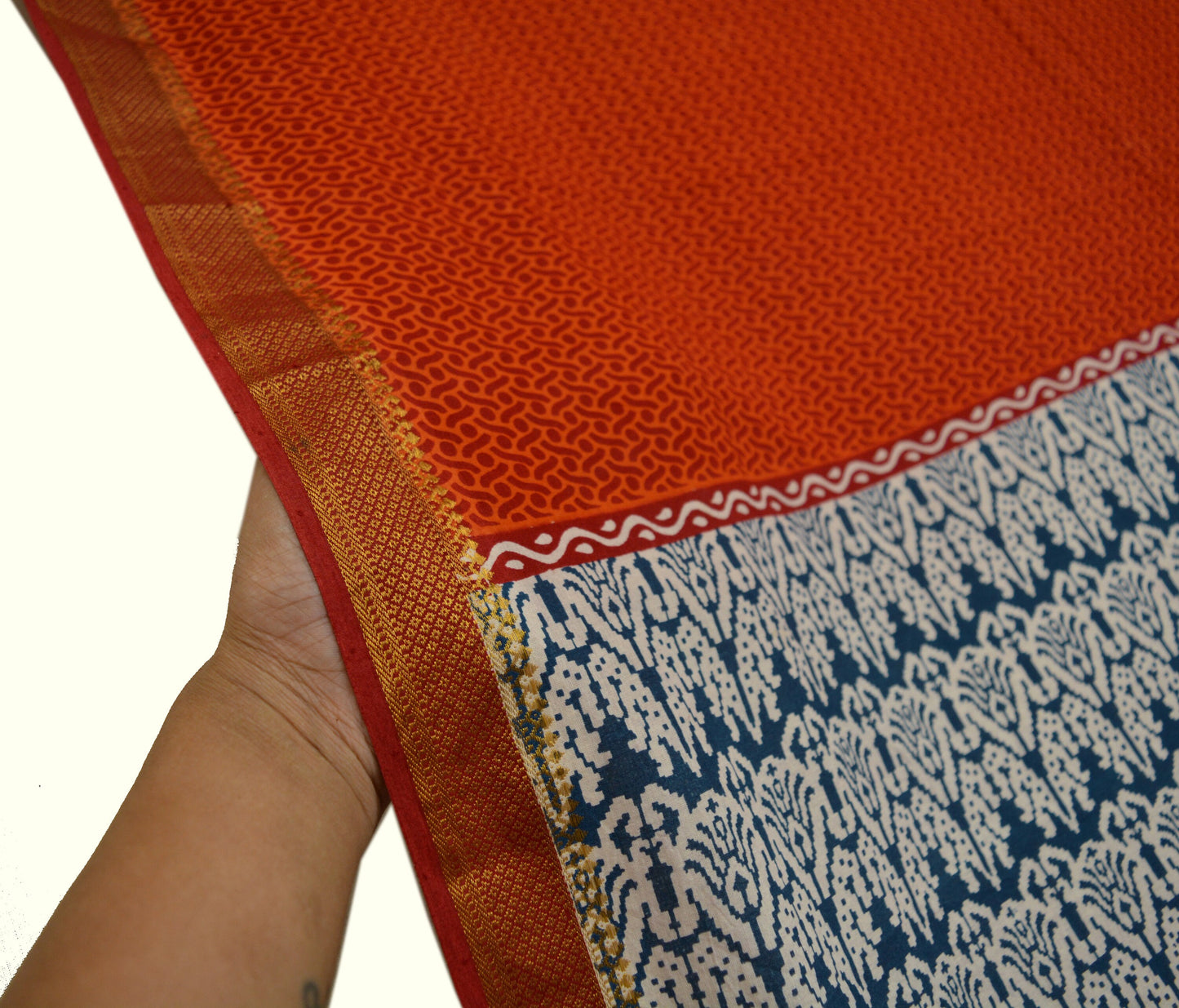 Indian Vintage Orange & Blue Dupatta Long Stole Block Print Cotton Indian Scarves Veil Golden Zari Soft Floral Design