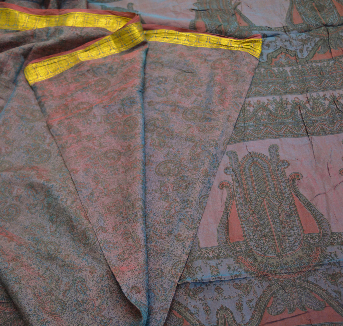 Indian Vintage Saree Maroon & Blue 100% Pure Silk Printed Saree Sari Fabric 6yard Sewing Craft DressMaking Soft Floral Zari