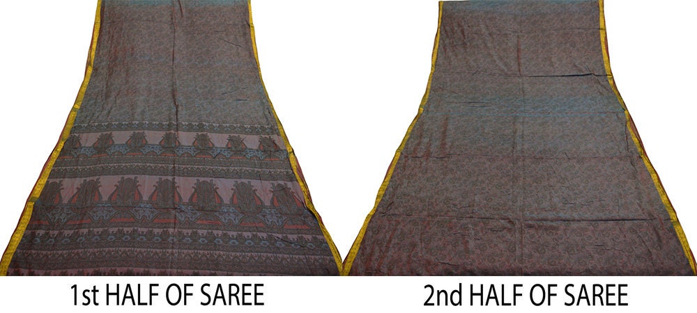 Indian Vintage Saree Maroon & Blue 100% Pure Silk Printed Saree Sari Fabric 6yard Sewing Craft DressMaking Soft Floral Zari