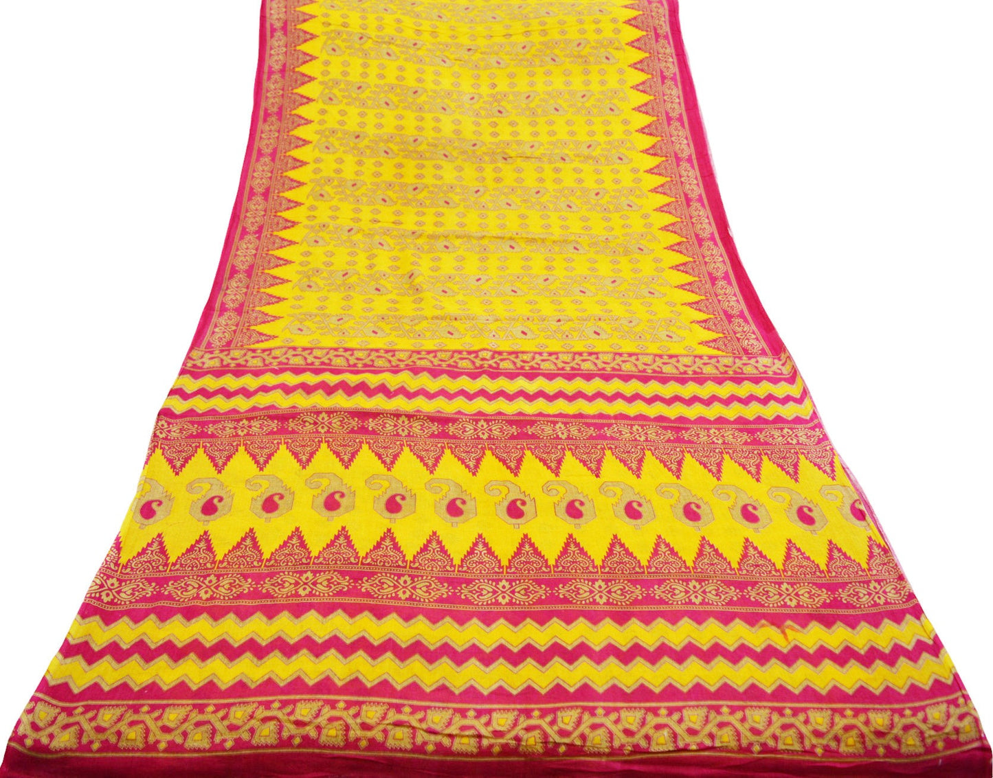 Indian Vintage Sari Pink & Yellow Printed 100% Pure Cotton Saree Craft Soft Fabric 5Yard Sewing Sarong Wrap Boho