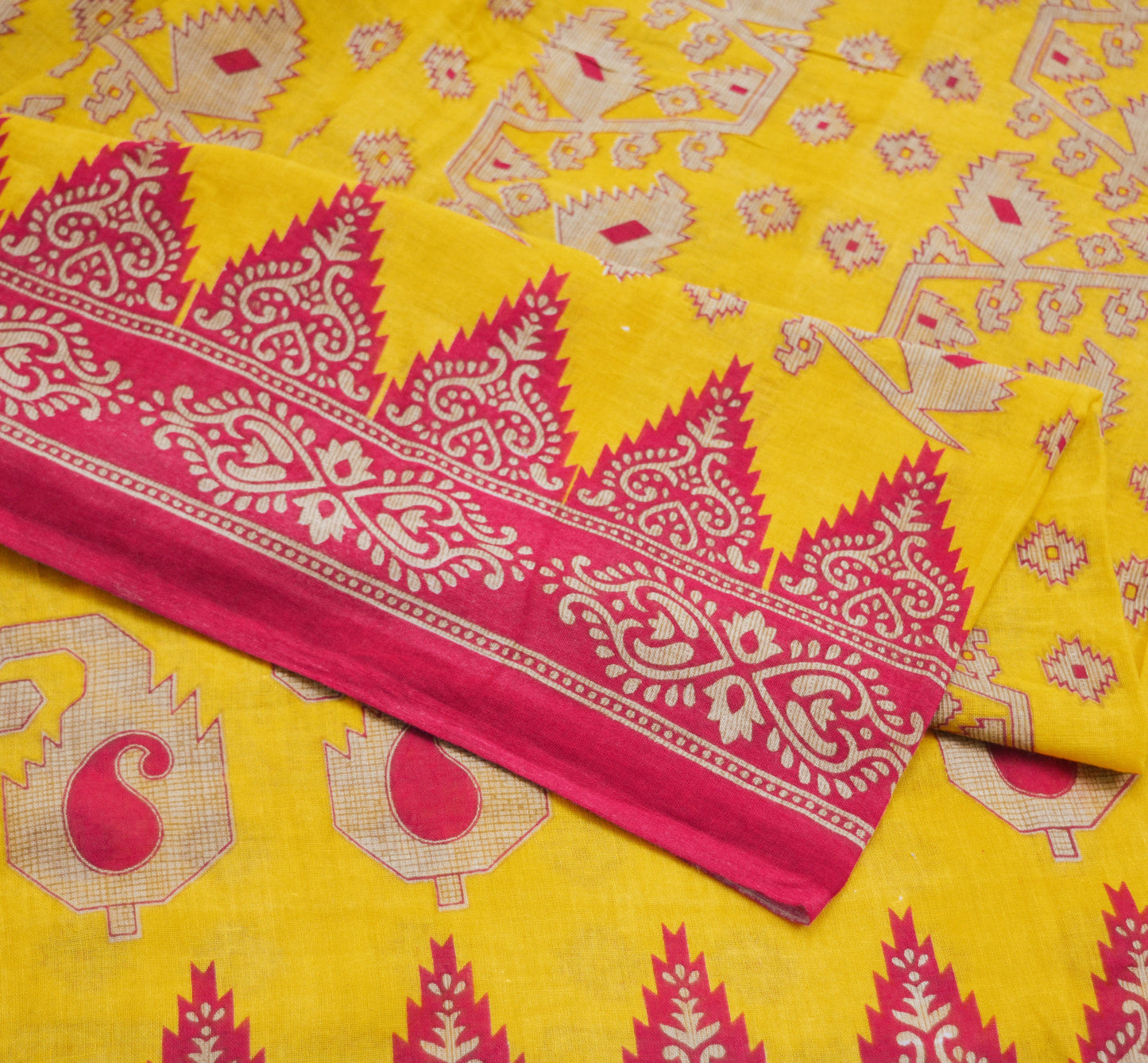 Indian Vintage Sari Pink & Yellow Printed 100% Pure Cotton Saree Craft Soft Fabric 5Yard Sewing Sarong Wrap Boho