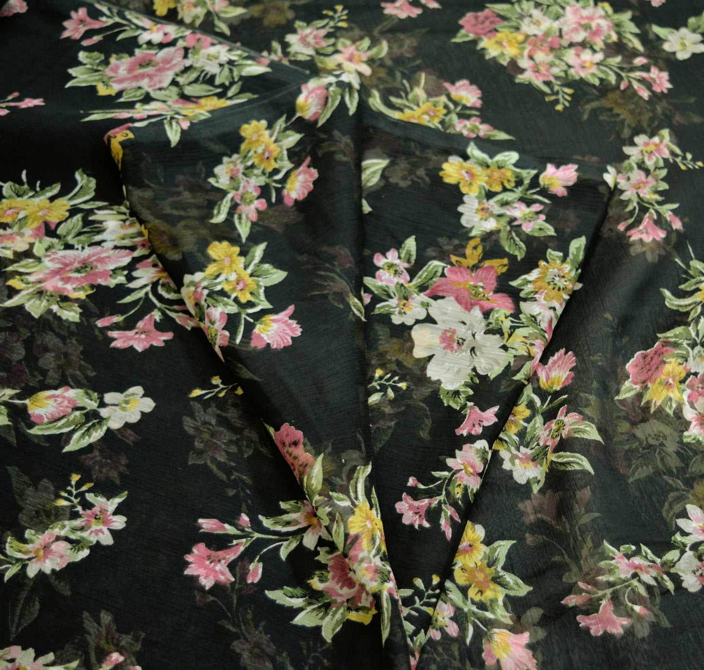 Women Vintage Sari Black Chiffon Printed Saree Craft Fabric Sewing 6Yard Soft Light Sari Dress Making Floral