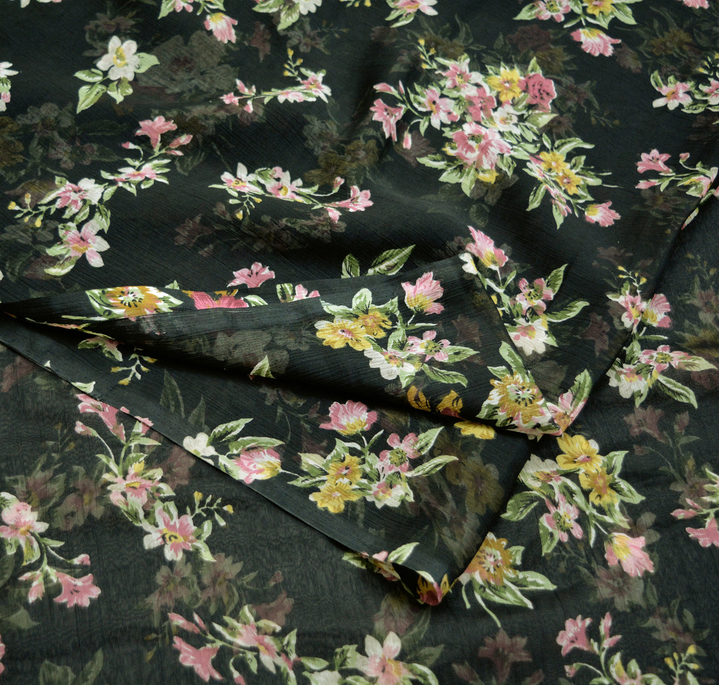 Women Vintage Sari Black Chiffon Printed Saree Craft Fabric Sewing 6Yard Soft Light Sari Dress Making Floral