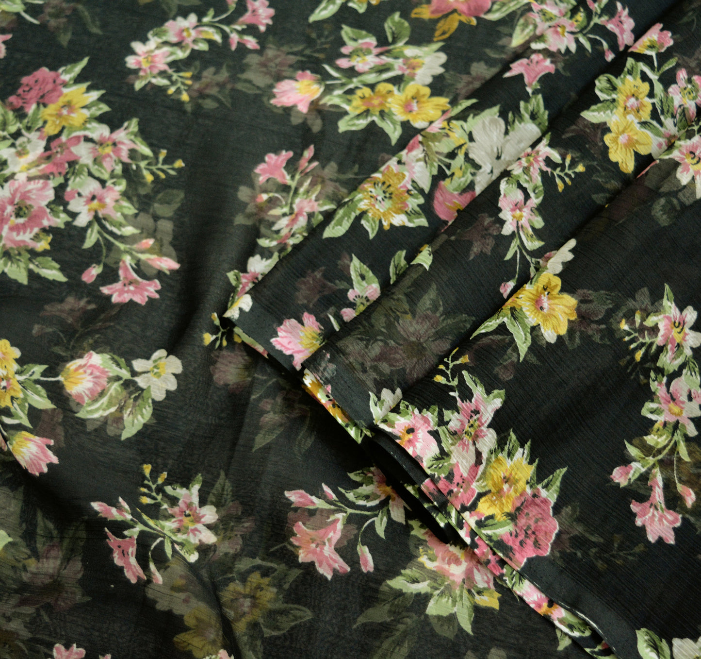 Women Vintage Sari Black Chiffon Printed Saree Craft Fabric Sewing 6Yard Soft Light Sari Dress Making Floral
