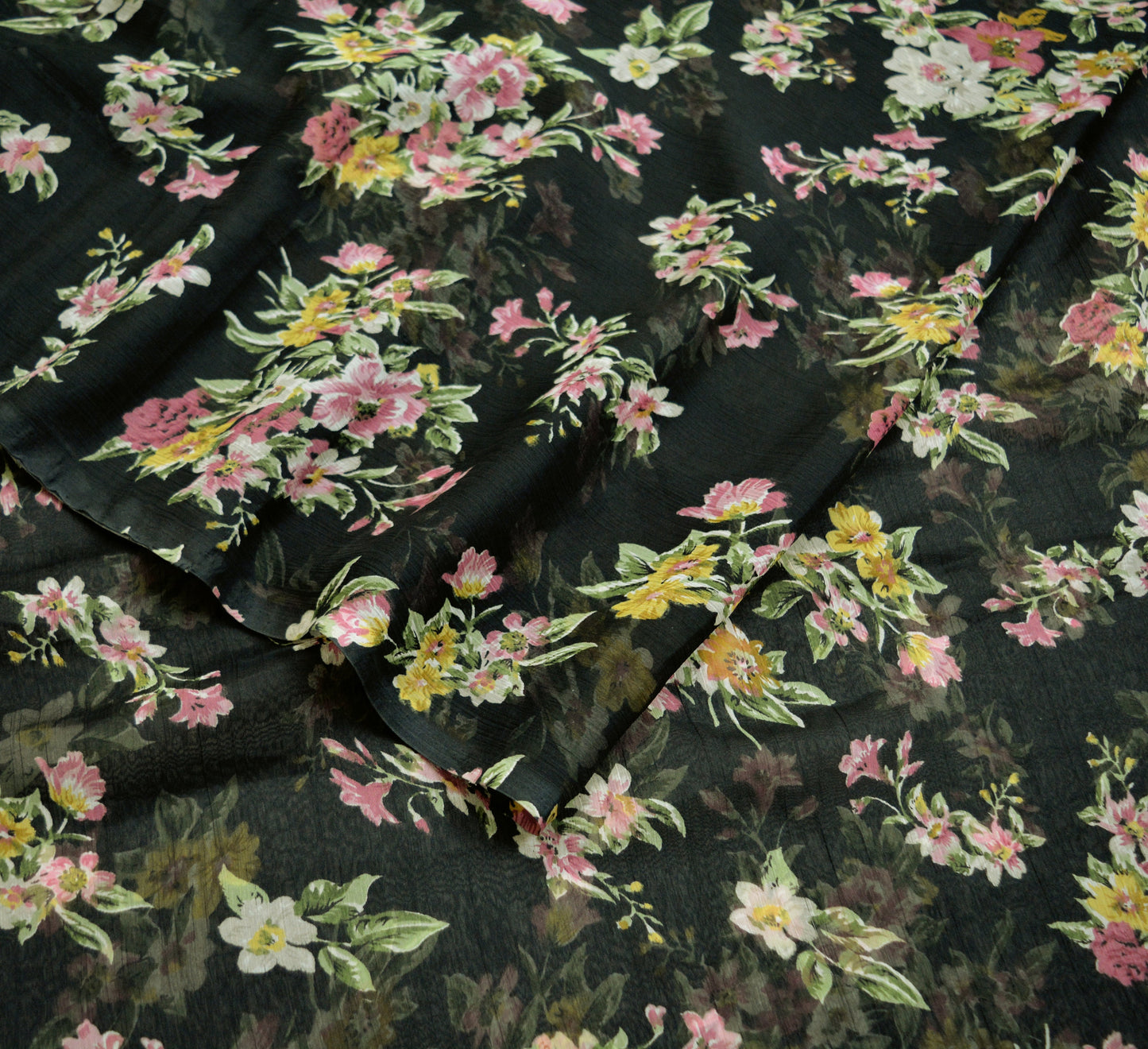 Women Vintage Sari Black Chiffon Printed Saree Craft Fabric Sewing 6Yard Soft Light Sari Dress Making Floral
