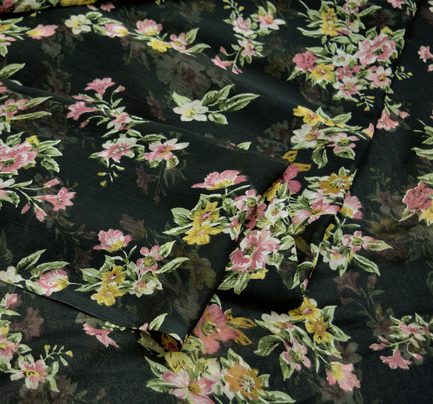Women Vintage Sari Black Chiffon Printed Saree Craft Fabric Sewing 6Yard Soft Light Sari Dress Making Floral